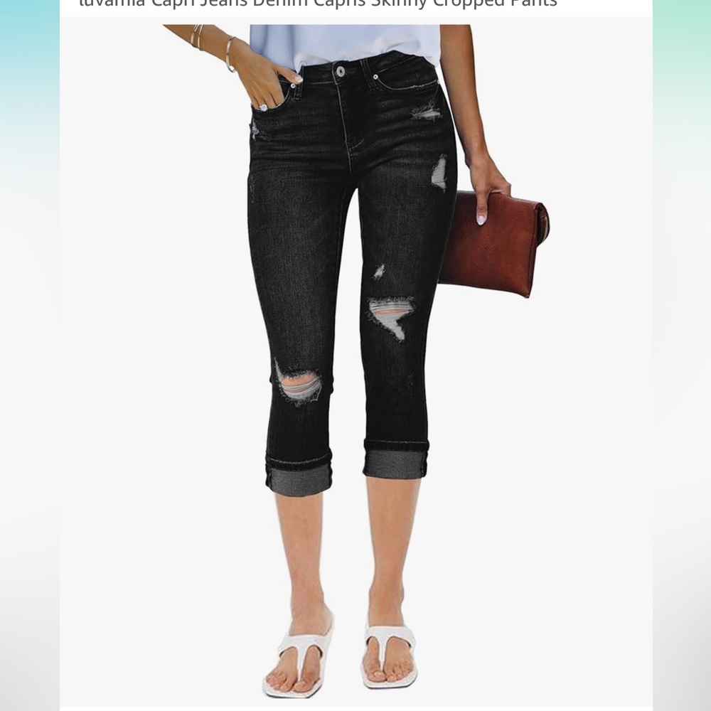 Luvamia Women Casual High Waist Ripped Capri Jeans Black XL 16 18